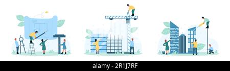 Architect job set vector illustration. Cartoon tiny people drawing paper blueprint project with pencil and compass, engineers work with construction crane and working tools to build model of house Stock Vector