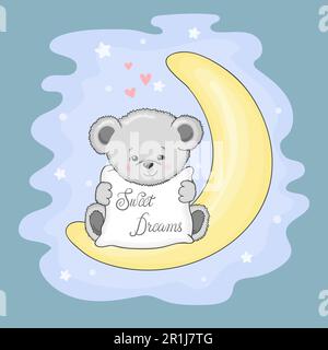Cute Teddy Bear on the moon. Sweet dreams vector illustration. Stock Vector