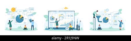 Stock market data analytics set vector illustration. Cartoon tiny people work on conversion of big data flow in funnel, research graphs, candlestick and pie charts with magnifying glass and calculator Stock Vector