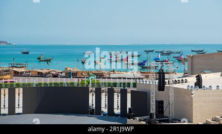 View from the Amphitheater in Katara Cultural Village over the Dhow Harbor, Doha, Qatar Stock Photo