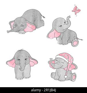 Set of cute cartoon baby elephants. Vector watercolor illustration. Stock Vector