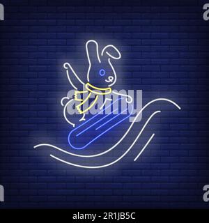 Rabbit snowboarding neon sign Stock Vector
