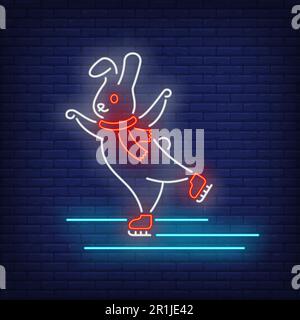 Rabbit wearing scarf and skating on ice neon sign Stock Vector