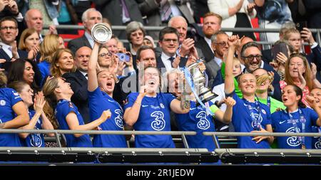 London, UK. 14th May, 2023. 14 May 2023 - Chelsea v Manchester United - Vitality Women's FA Cup - Final - Wembley Stadium Chelsea celebrate winning the Vitality Women's FA Cup final match at Wembley Stadium, London. Picture Credit: Mark Pain/Alamy Live News Stock Photo