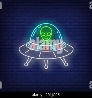 Alien in flying saucer neon sign Stock Vector