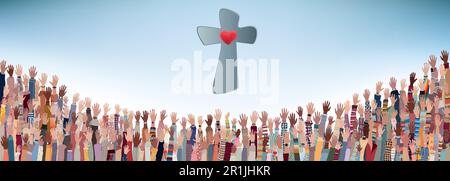 Group of many Christians with raised hands praying or singing to the Lord. Christianity in the world. Christian worship. Concept of faith and hope Stock Vector