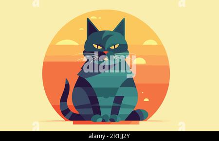 Striped ginger cat in cartoon style sitting on the mat cute pet vector illustration Stock Vector