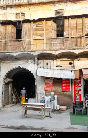 View of old hotel facade in Paharganj,New Delhi, India Stock Photo