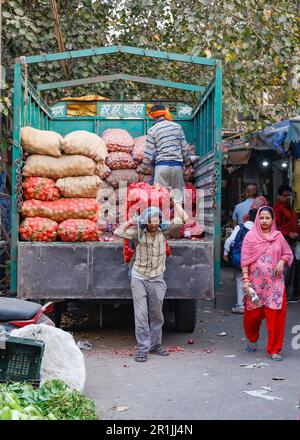 Man unloading sack of onions from a truck at the Paharganj vegetable market , Delhi,India Stock Photo
