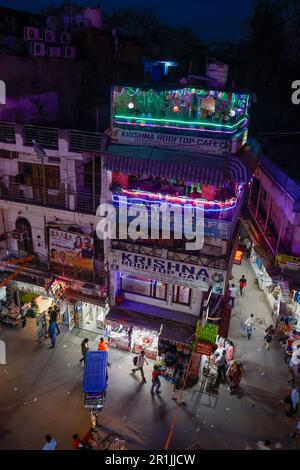 View Of Krishna Rooftop Cafe At Night In Paharganj, New Delhi, India 