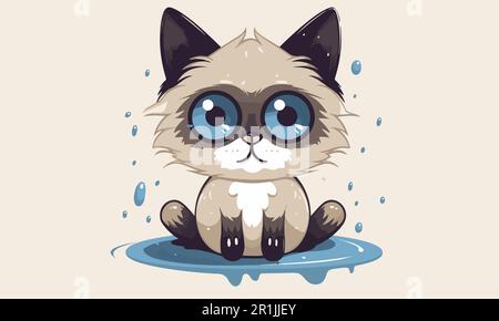 A sad cat is continue cry for his sorrowfulness flat vector design Stock Vector