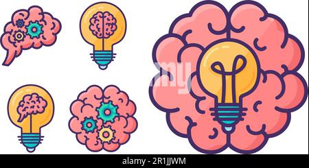 Set of hemispheres of human brain with convolutions inside an electric incandescent lamp. Metaphor of Brainstorming, sudden idea and thought process. Stock Vector