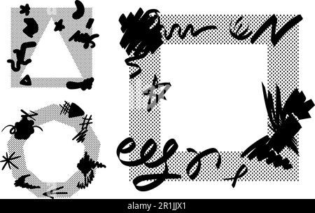 Black square, triangular, polygonal frame elements kit with doodle lines. Editable vector template for card, invitation, social media post, poster, mo Stock Vector
