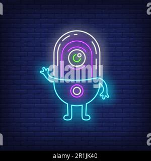 One-eyed alien waving hand neon sign Stock Vector