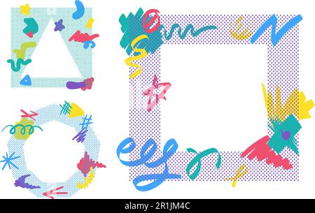 Colorful square, triangular, polygonal frame elements set with doodle lines. Editable vector template for card, invitation, social media post, poster, Stock Vector