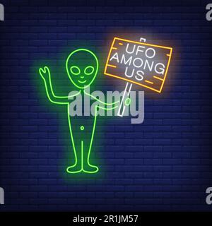 UFO Among Us neon lettering on wooden plank and humanoid Stock Vector