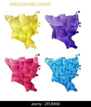 Set of vector polygonal maps of Green Island, Taiwan. Bright gradient border map in low poly style. Stock Vector