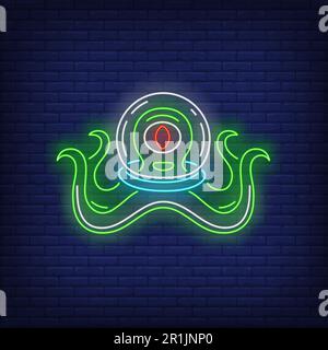 One-eyed non-humanoid alien in glass helmet neon sign Stock Vector