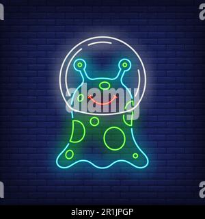Smiling non-humanoid alien wearing glass helmet neon sign Stock Vector