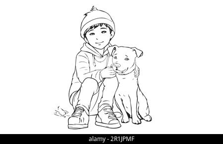 A boy playing with a cute dog coloring book page illustration. Stock Vector