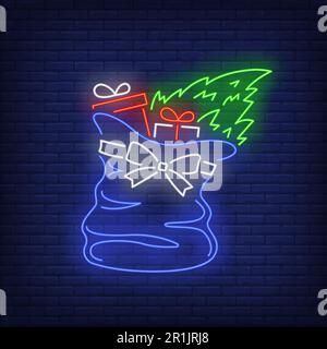 Christmas gifts in bag neon sign Stock Vector
