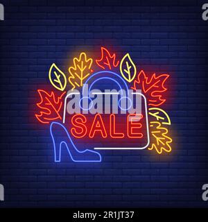 Sale neon lettering on woman bag, autumn leaves and heeled shoes Stock Vector