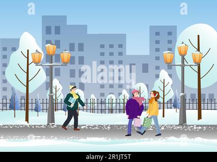 People in the city park. Winter landscape. Lanterns and a bench, urban high-rise buildings.  Stock Vector