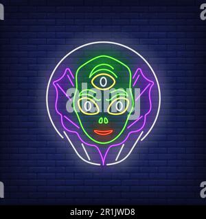 Alien head in glass helmet neon sign Stock Vector