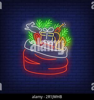 Christmas gifts in sack neon sign Stock Vector