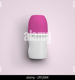 3D rendering blank white roll on deodorant plastic bottle with pink cap isolated on grey background. fit for your mockup design. Stock Photo