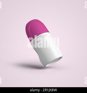 3D rendering blank white roll on deodorant plastic bottle with pink cap isolated on grey background. fit for your mockup design. Stock Photo