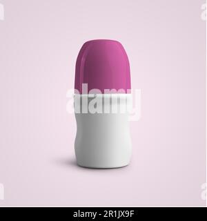 3D rendering blank white roll on deodorant plastic bottle with pink cap isolated on grey background. fit for your mockup design. Stock Photo