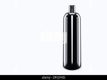 Black glossy shampoo plastic bootle mockup isolated from background: shampoo plastic bootle package design. Blank hygiene, medical, body or facial car Stock Photo