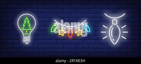 Lights garland and bulbs neon signs set Stock Vector
