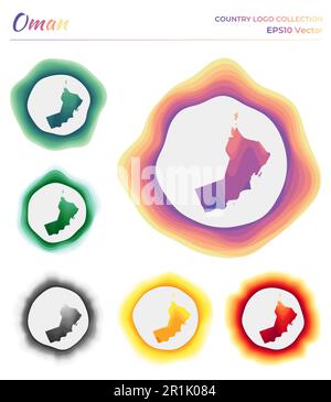Oman logo collection. Colorful badge of the country. Layers around Oman border shape. Vector illustration. Stock Vector