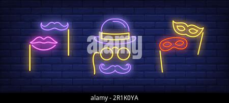 Moustache, lips, masks on sticks and pince-nez neon signs set Stock Vector