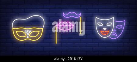 Masks, lips and moustache on sticks neon signs set Stock Vector