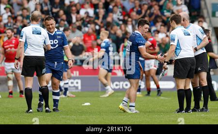 Salford, Lancashire, UK. 14th May 2023; Salford City Stadium, Salford, Lancashire, England; English Premiership Rugby Semi Final, Sale Sharks versus Leicester Tigers;   Raffi Quirke of Sale Sharks shakes with match officials after the 21-13 win for Sale Credit: Action Plus Sports Images/Alamy Live News Stock Photo