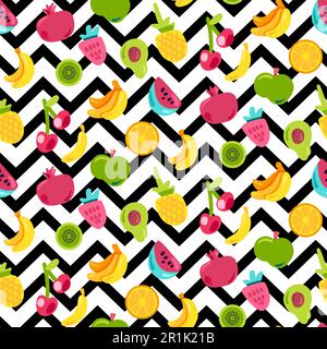 Painted Berries Summer Fruits Mix Seamless Pattern. Bright Pineapple, Orange on Zigzag Backdrop. Cherries Kiwi and Pomegranate with Black Dotted Line. Stock Vector