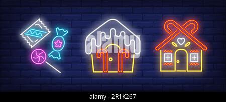 Gingerbread cookie houses with candy canes neon signs set Stock Vector