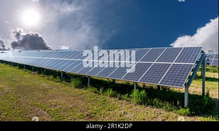 Solar Panels in green field in country on blue sky with sun shining, Photovoltaic solar cells energy farm for production of clean renewable energy fro Stock Photo