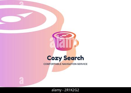 Cozy search flat vector logo template. Coffee cup color gradient icon. Navigation service logotype Stock Vector