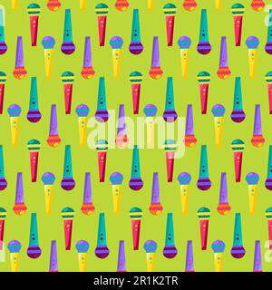 Colorful Musical Hand Microphone Seamless Pattern. Vintage Design Background Poster for Event or Disco. Modern Creative Sketch for Print. Karaoke, Mic Stock Vector