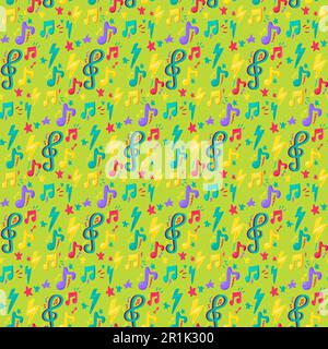 Colorful Design Musical Note Flat Seamless Pattern. Abstract Music Wallpaper on Green Background. Creative Sketch Flyer and Poster for Event for Print Stock Vector
