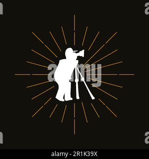 Retro photographer silhouette. Photojournalist with camera on tripod. Professional photo studio logo Stock Vector