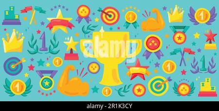 Sport achievement cartoon vector icon set. Awards flat illustrations. Champion trophy stickers Stock Vector