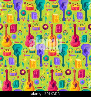 Colorful Musical Instrument Flat Seamless Pattern. Vintage Design on Green Background Flyer and Poster for Event or Disco. Modern Creative Sketch for Stock Vector