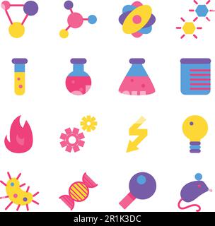 Scientific study flat icon set. Laboratory research, science experiment color vector symbols pack Stock Vector