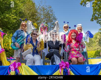 Lymm May Queen and Rose Queen 2023. Lymm Jubilee WI dressed in the Eurovision Song Contest theme Stock Photo