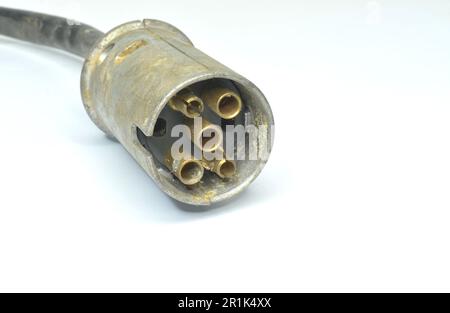 Vintage metal 5 pin connector on white background Stock Photo